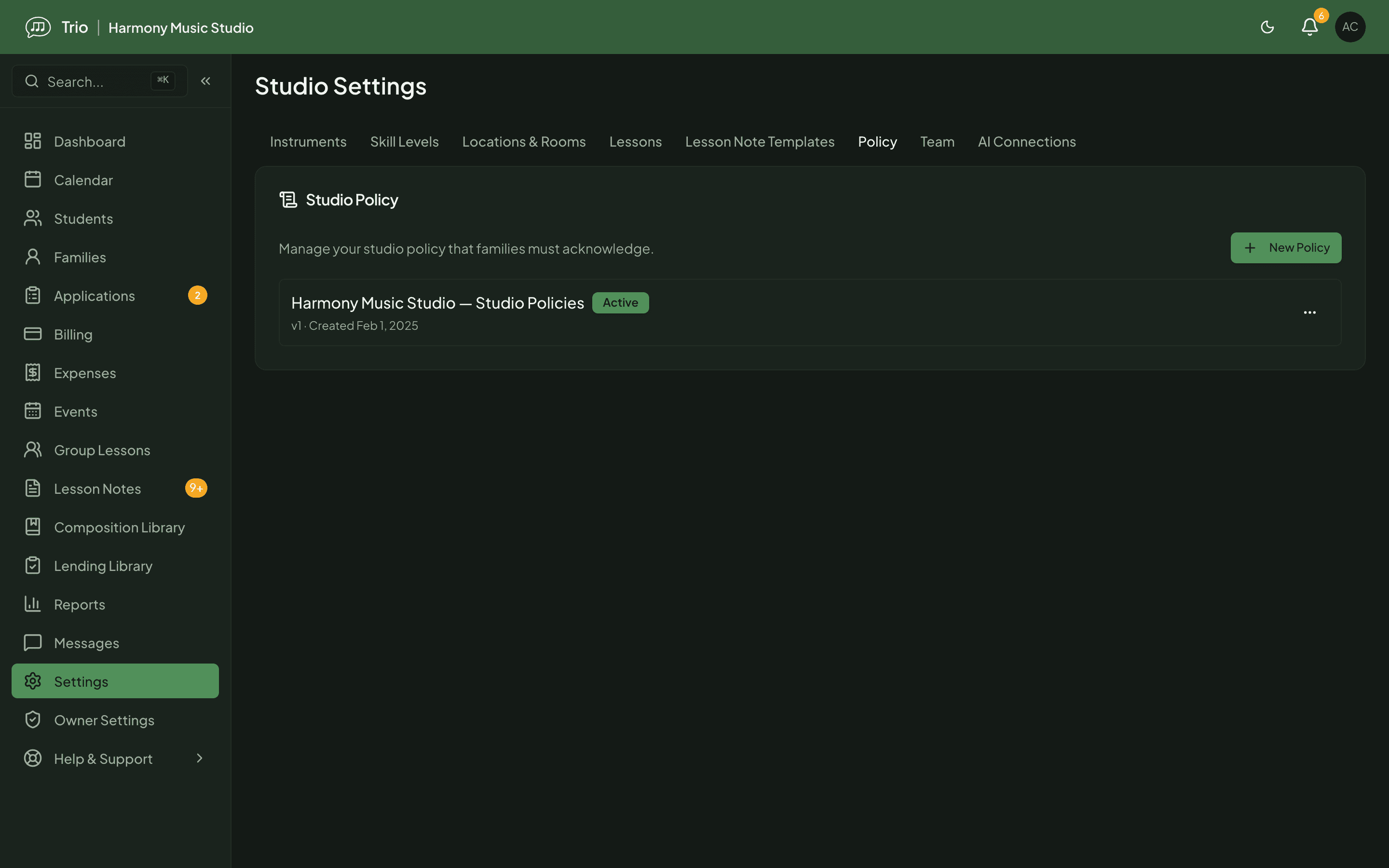 Trio Studio Settings policy tab showing an active, versioned studio policy that families must acknowledge.
