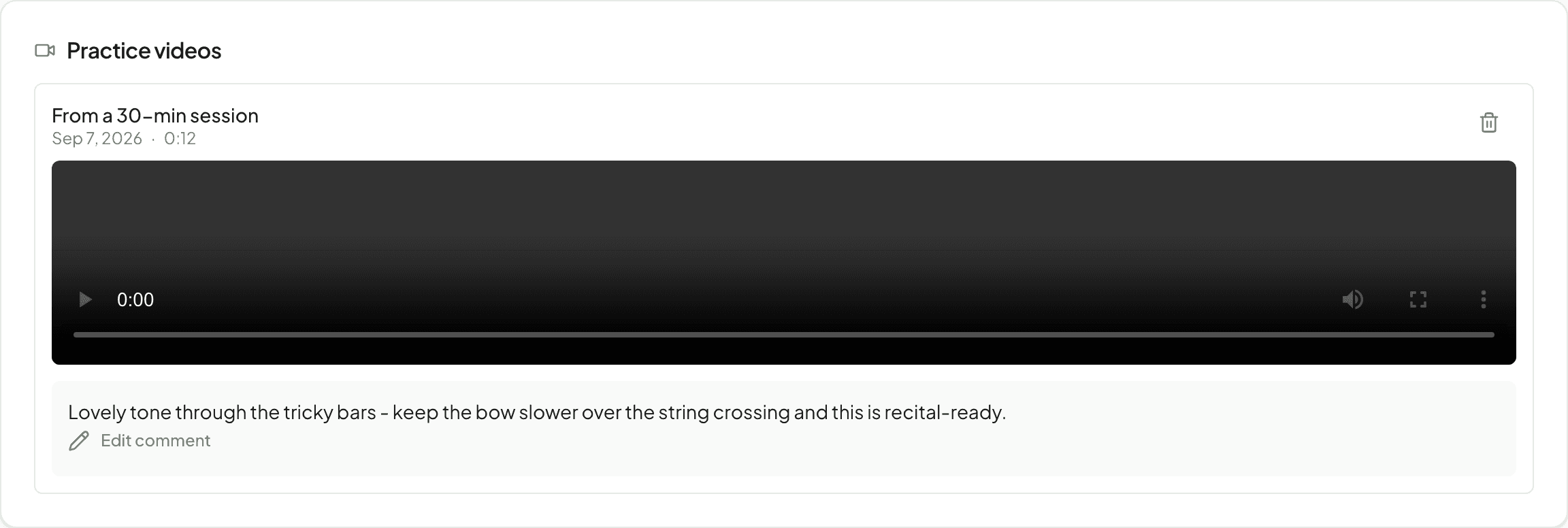 A student's practice video on the teacher's student profile, tied to a 30-minute session, with a single written teacher comment beneath the player.