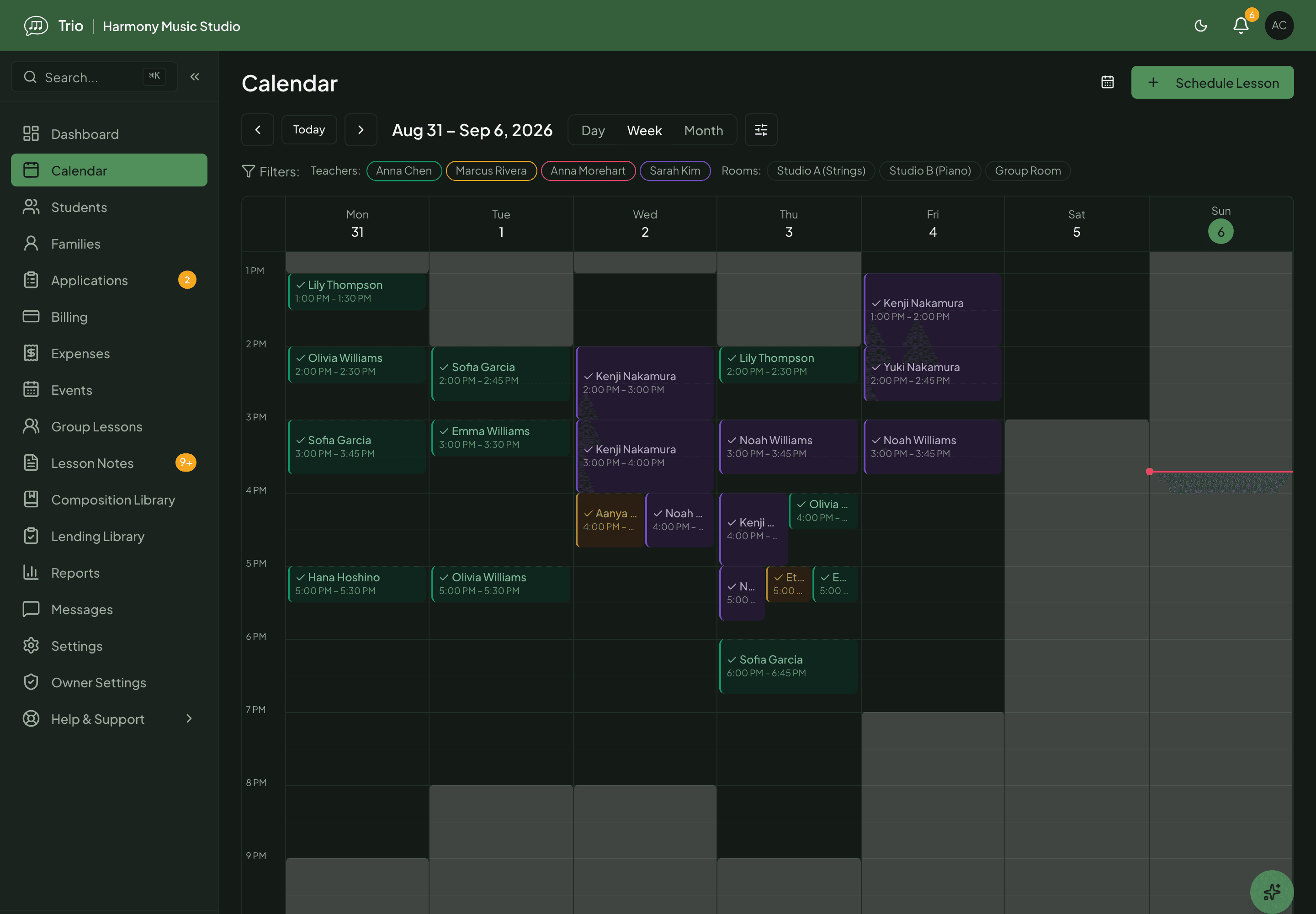 Trio teacher calendar in week view, showing recurring private and group lessons laid out across the studio's teaching hours.