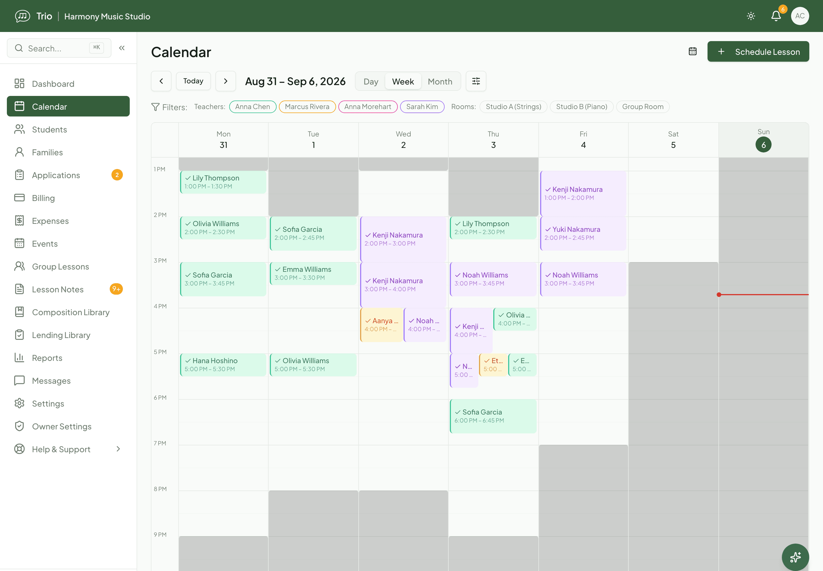 Trio teacher calendar in week view, showing recurring private and group lessons laid out across the studio's teaching hours.