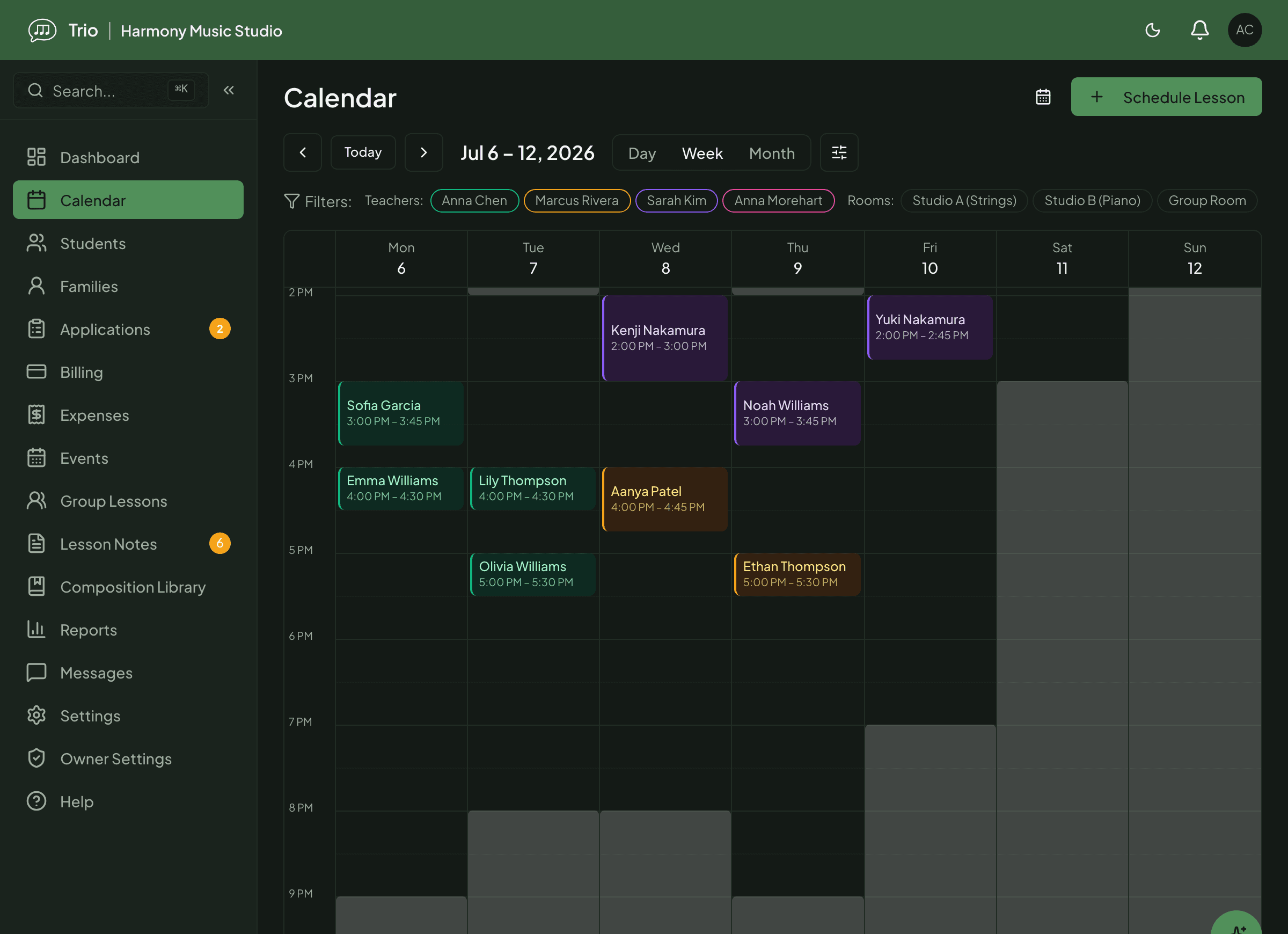 The same Trio week calendar in dark mode